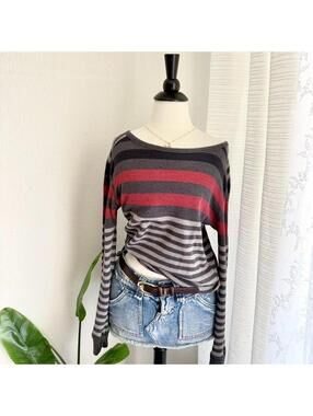 Y2K Red & Gray Striped Knit Sweater